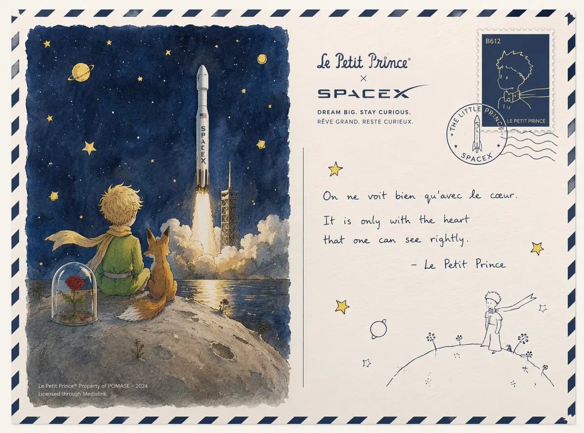 Little Prince and SpaceX Deep Space Postcard AI photo prompt example on PromptKosh