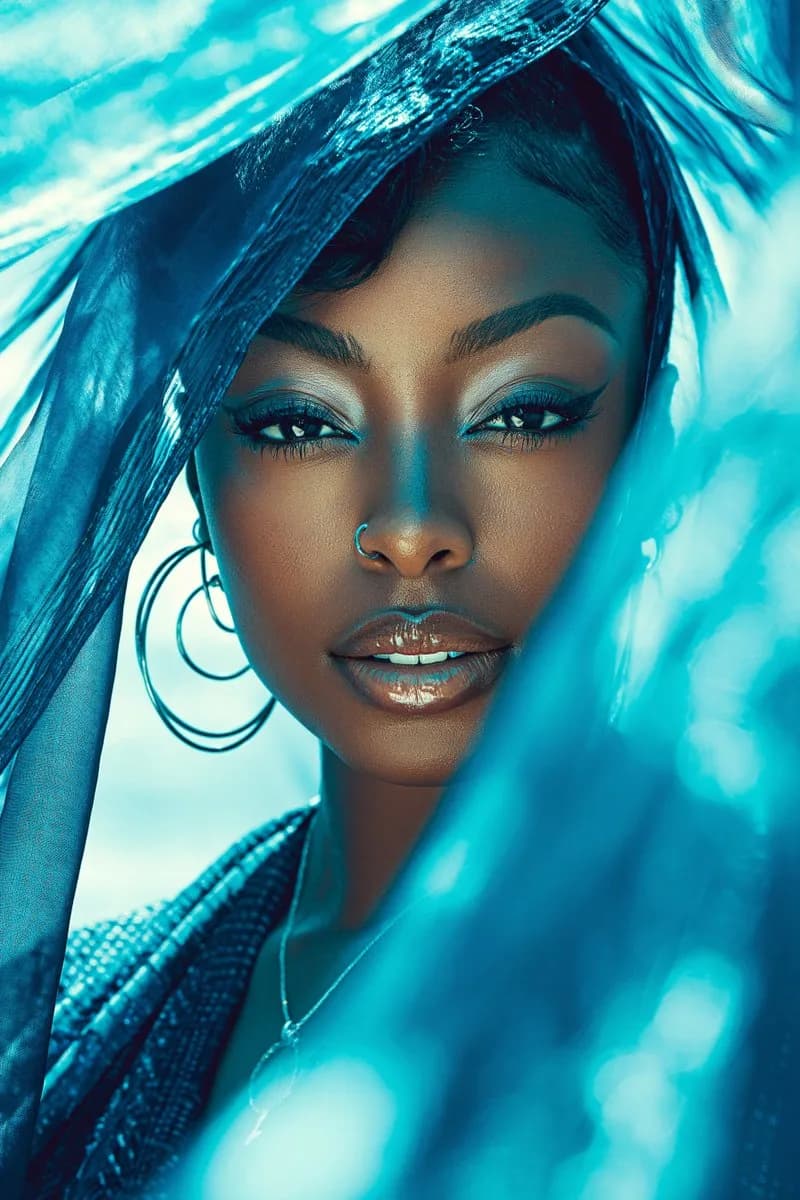 Luxury Seaside Glamour Fashion Portrait AI photo style example on PromptKosh