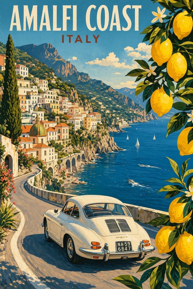 Amalfi Coast Vintage Travel Poster Illustration AI photo prompt example on PromptKosh