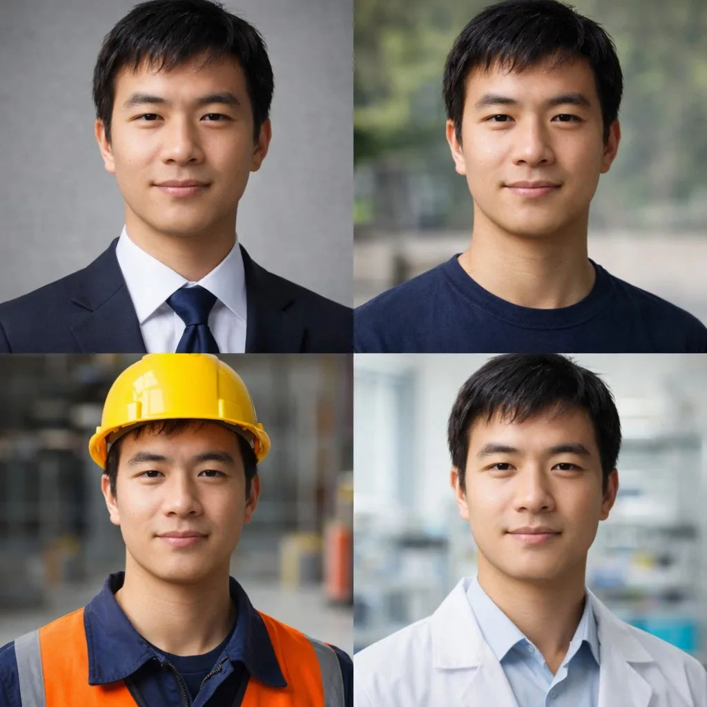 Multi-Profession Four-Quadrant Male Headshot Grid AI photo style example on PromptKosh