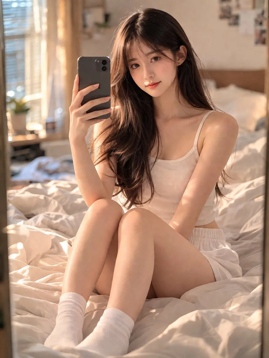Cozy Bedroom Mirror Selfie Portrait AI photo style example on PromptKosh