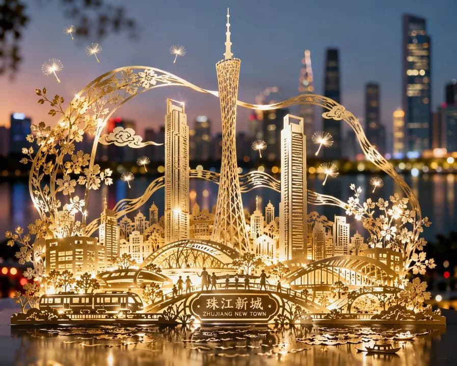 Zhujiang New Town Paper Cut Skyline AI photo style example on PromptKosh