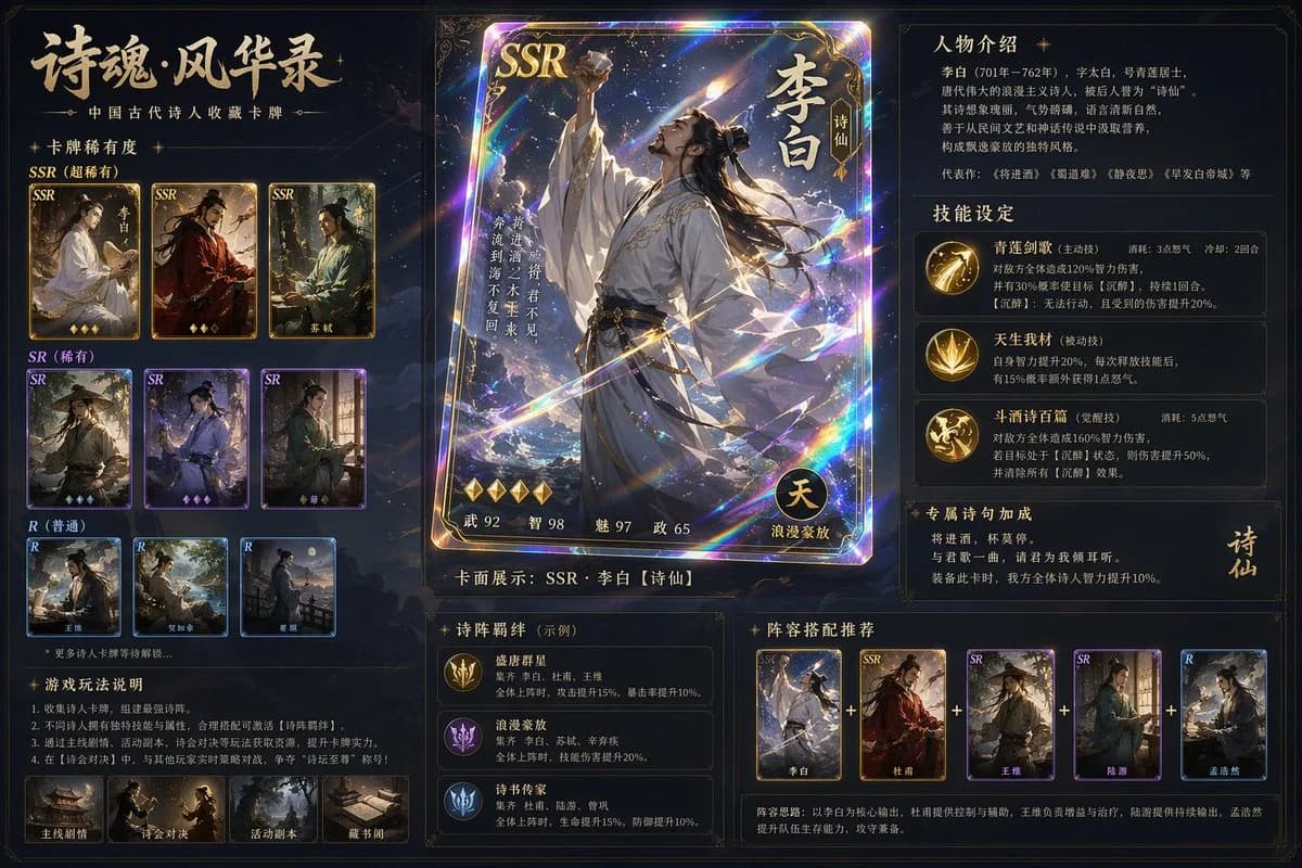 Ancient Chinese Poets Holographic Game Cards AI photo style example on PromptKosh