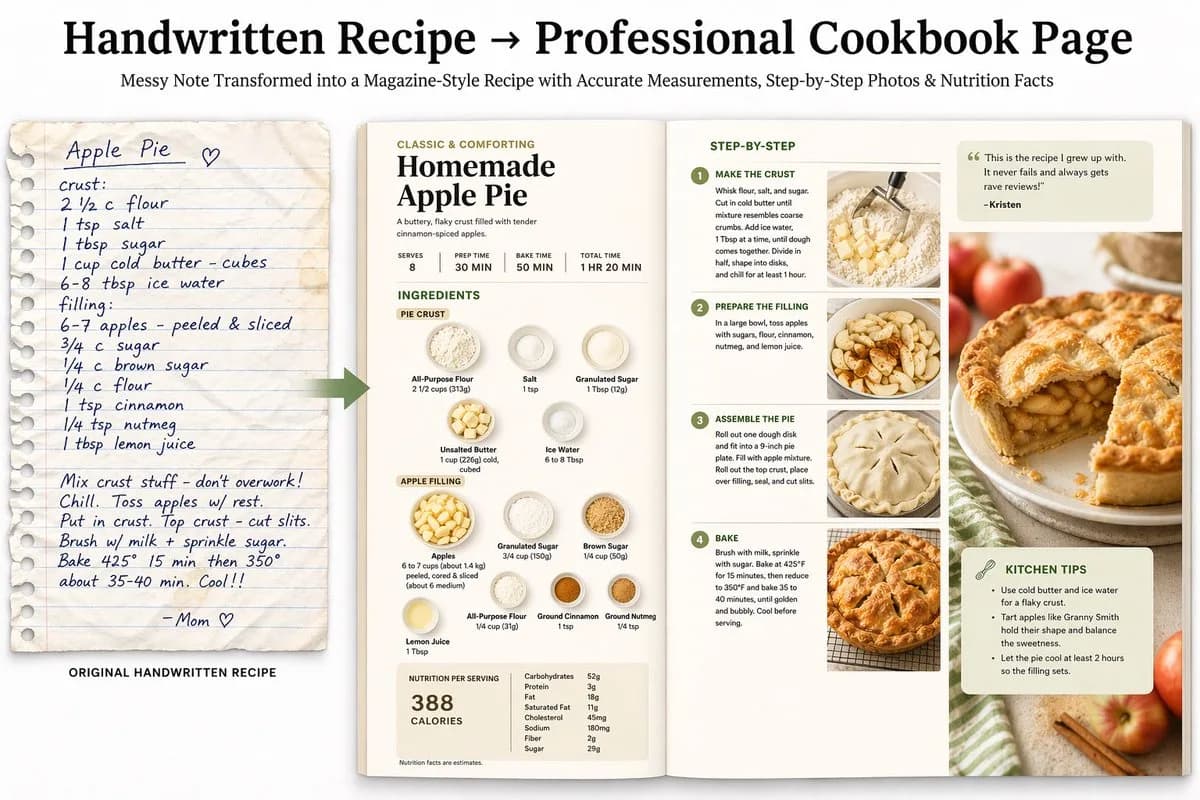 Handwritten Recipe Editorial Cookbook Spread AI photo style example on PromptKosh