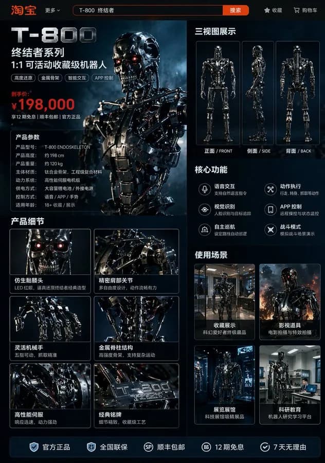Terminator Robot E-Commerce Product Page AI photo prompt example on PromptKosh