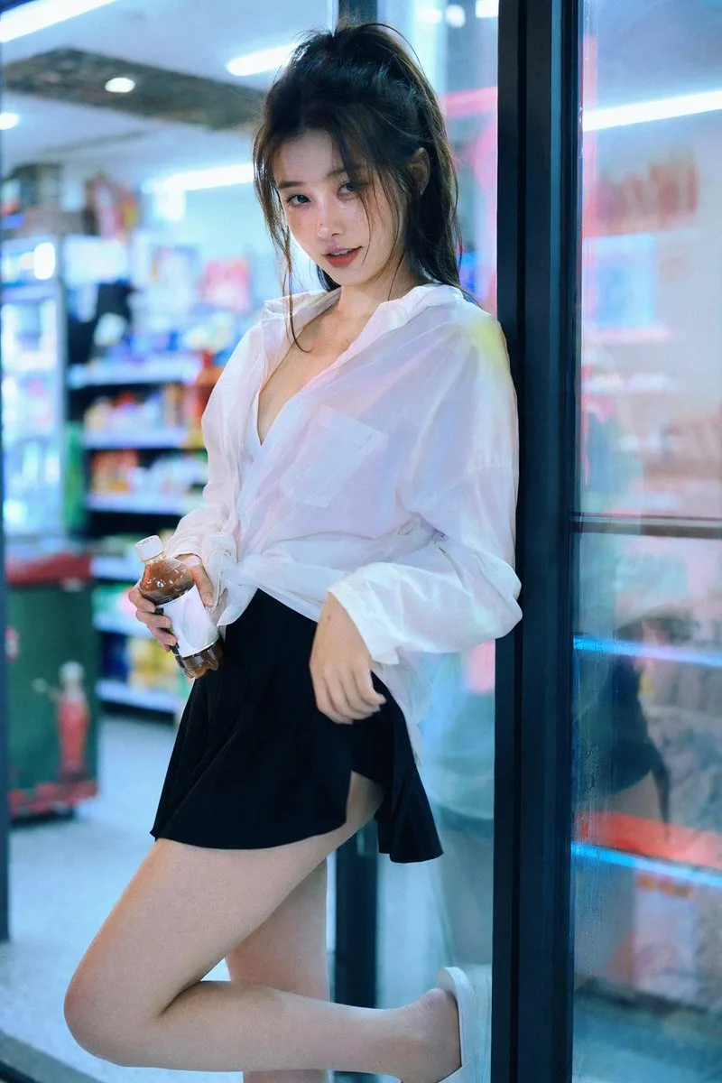 Late Night Convenience Store Neon Film Portrait AI photo style example on PromptKosh