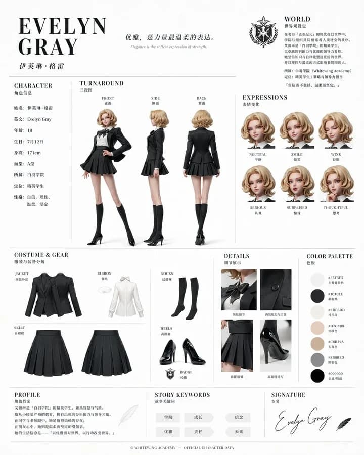 Official Character Design Reference Sheet AI photo prompt example on PromptKosh