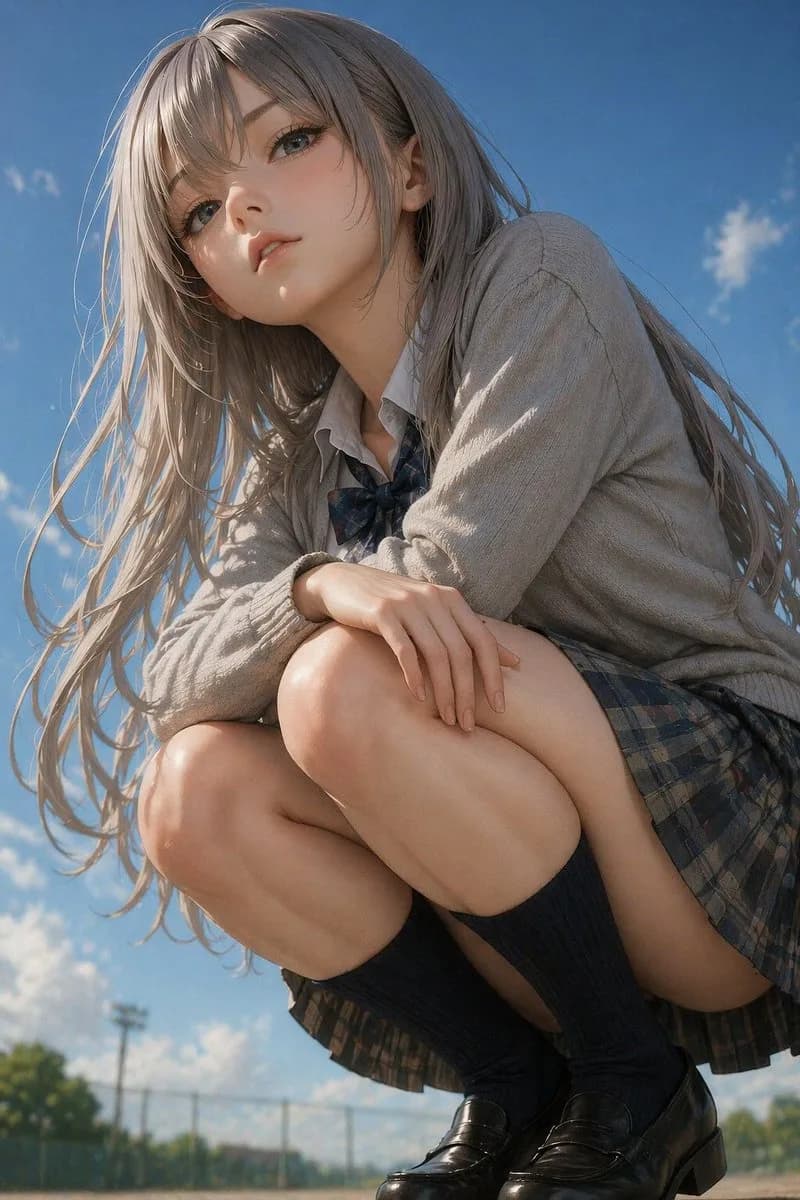 Shy Anime Style Crouching Girl Studio Portrait AI photo prompt example on PromptKosh