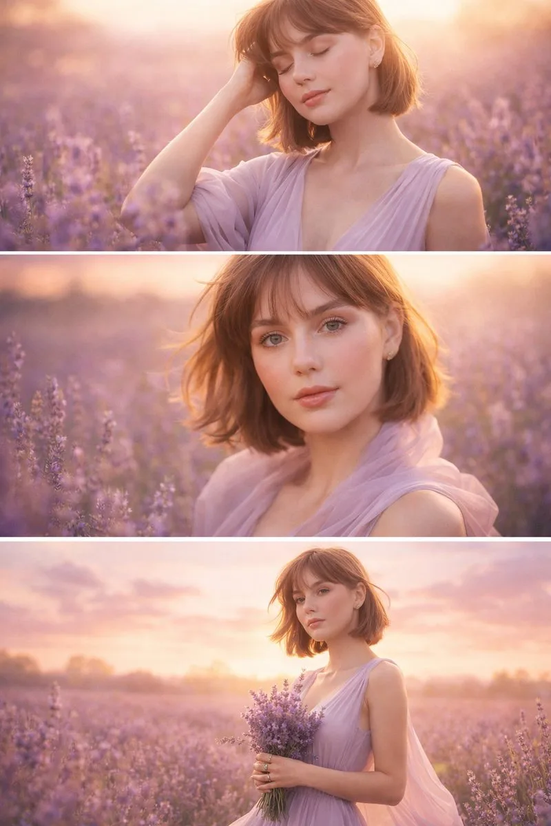Sunrise Lavender Field Triptych Portrait AI photo style example on PromptKosh