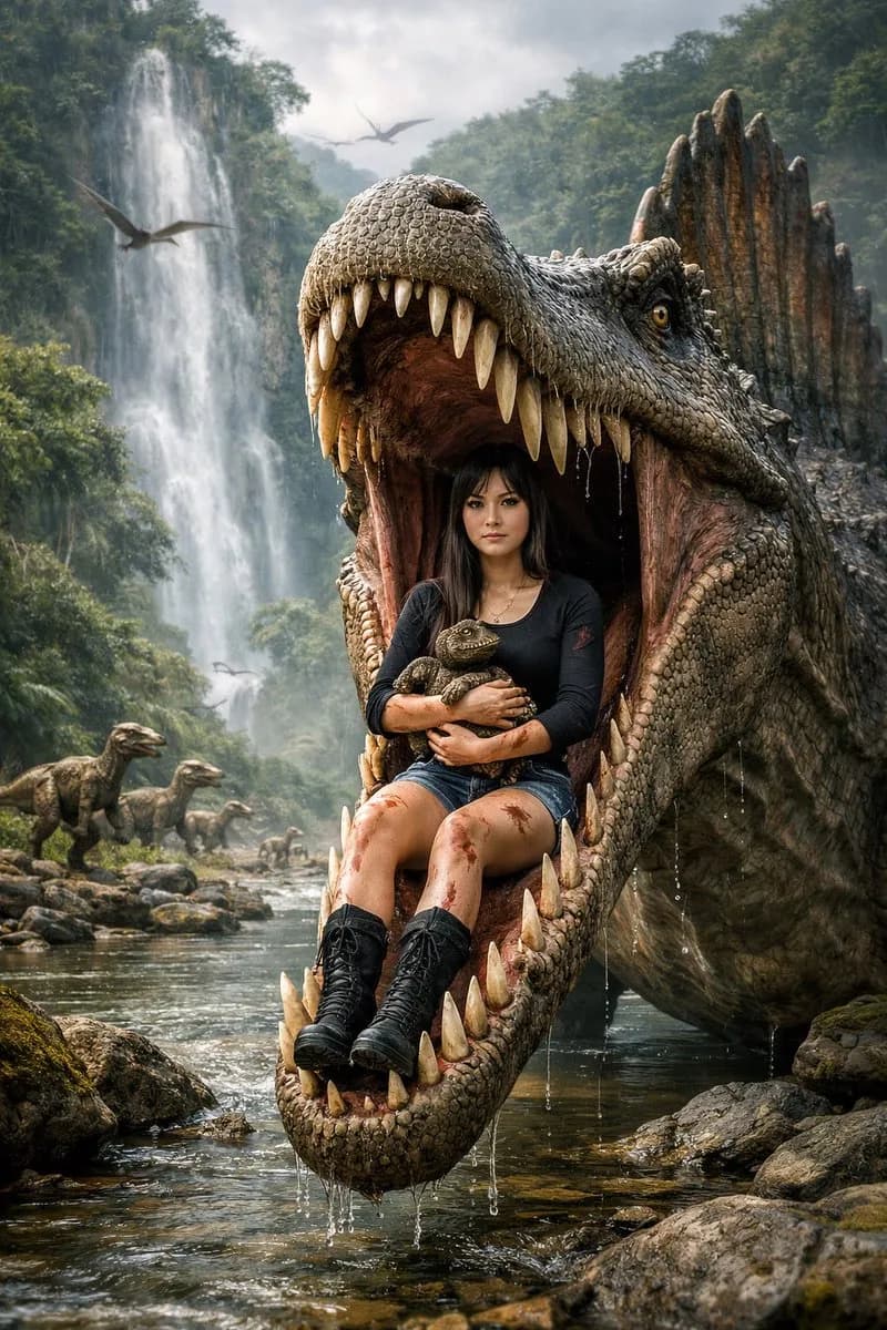Fearless Girl Inside Spinosaurus Jaws AI photo prompt example on PromptKosh