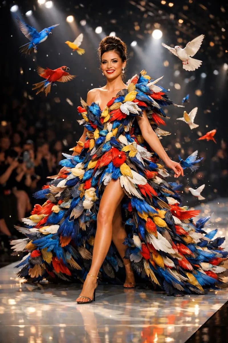 Living Feather Avian Couture Runway Gown AI photo style example on PromptKosh
