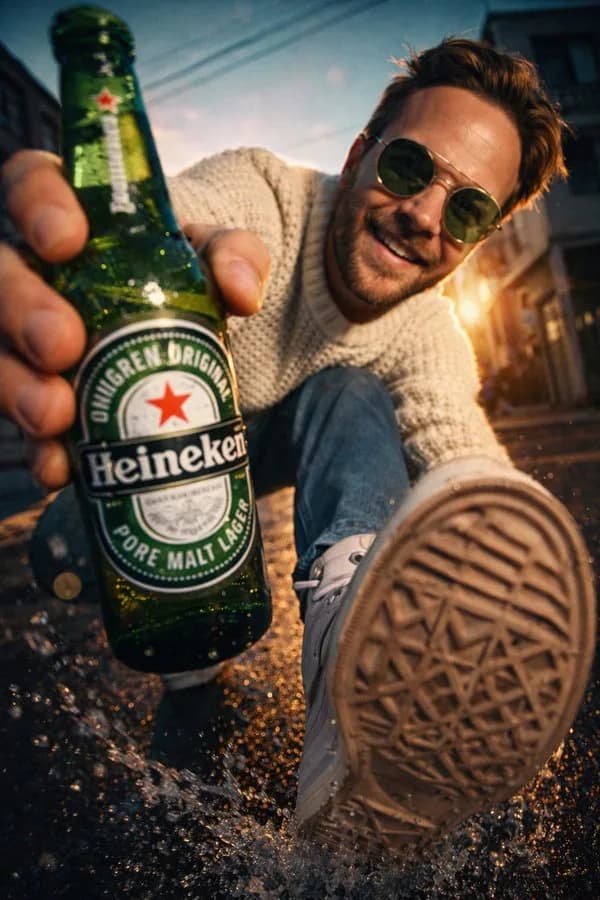 Low-Angle Street Beverage Product Showcase AI photo prompt example on PromptKosh