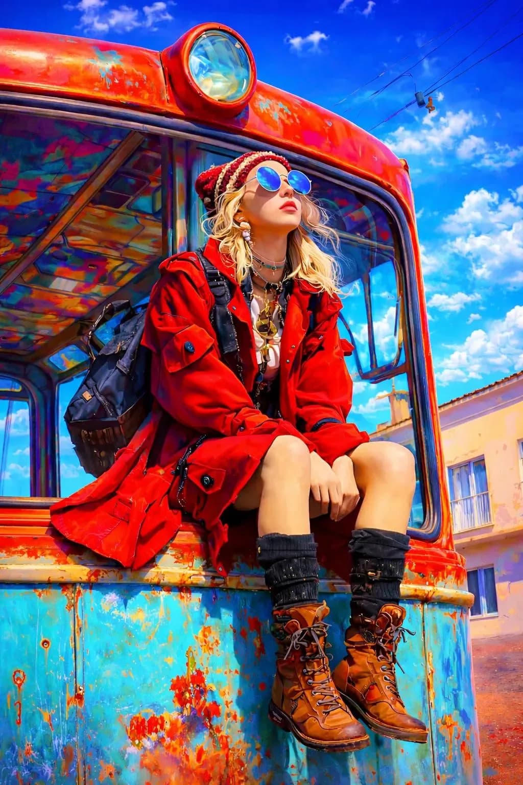 Red Trench Coat Traveler on Vintage Bus AI photo style example on PromptKosh