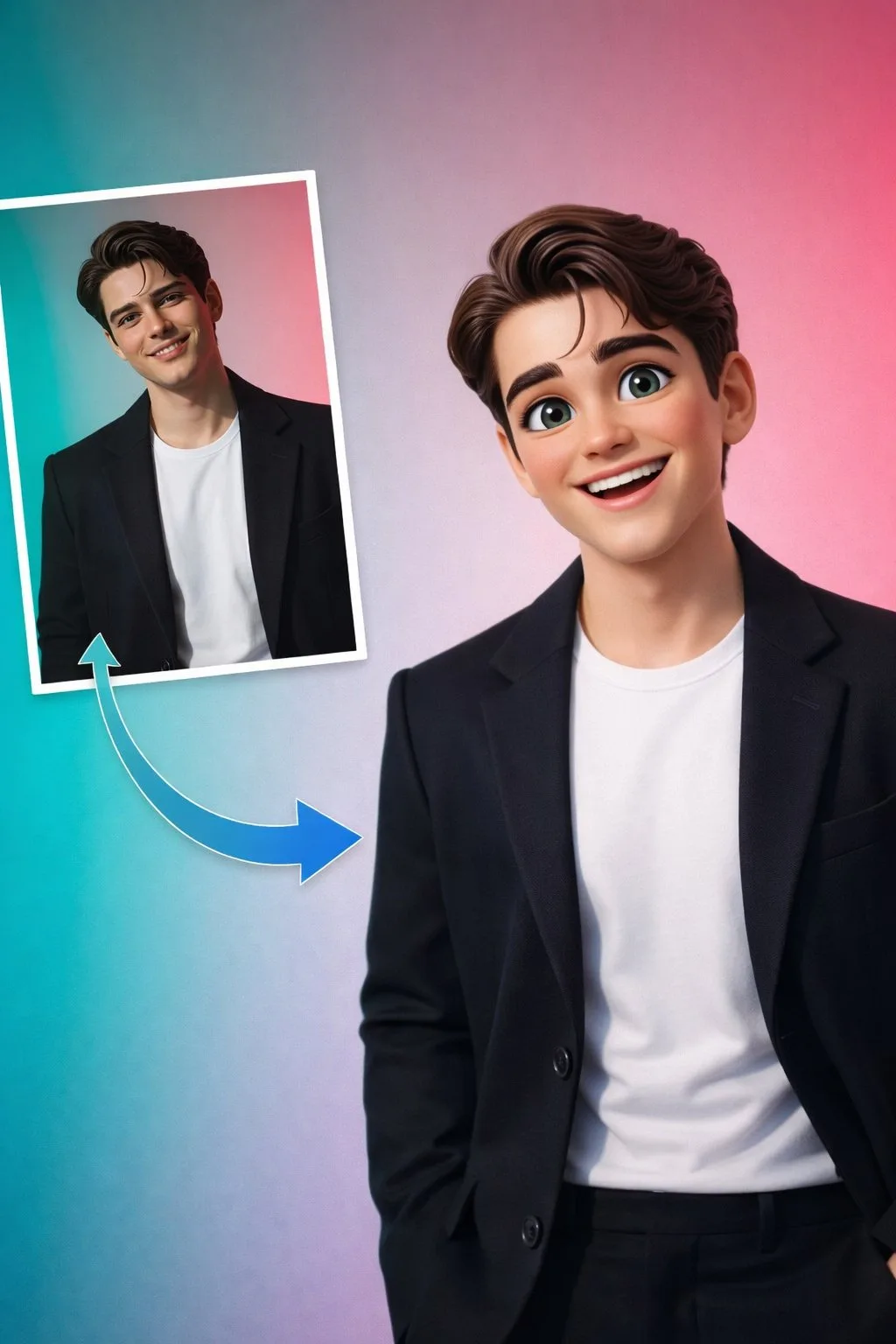 Stylized 3D Pixar Style Young Man Portrait AI photo style example on PromptKosh