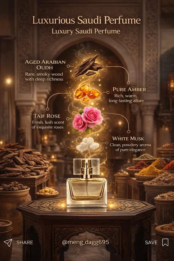 Syrian Oud and Damask Rose Perfume Display AI photo style example on PromptKosh