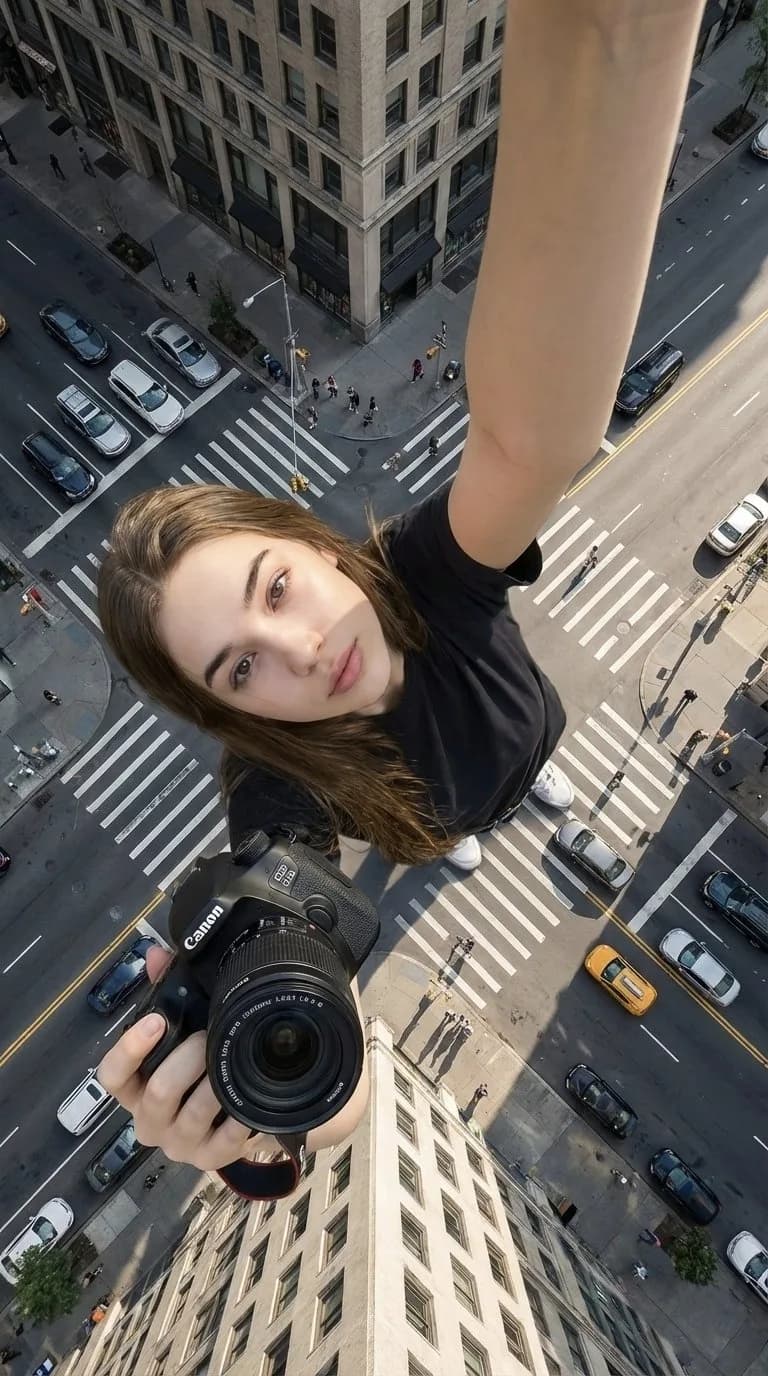 High-Angle Giantess Urban Crosswalk Selfie AI photo style example on PromptKosh