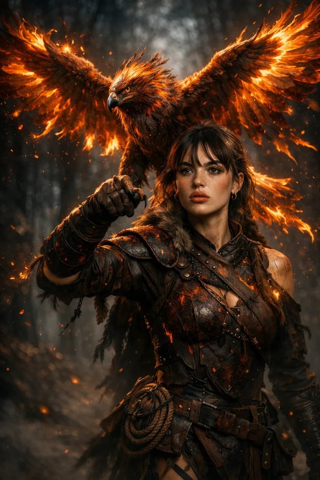 Ember Armor Falconer and Flaming Phoenix AI photo style example on PromptKosh