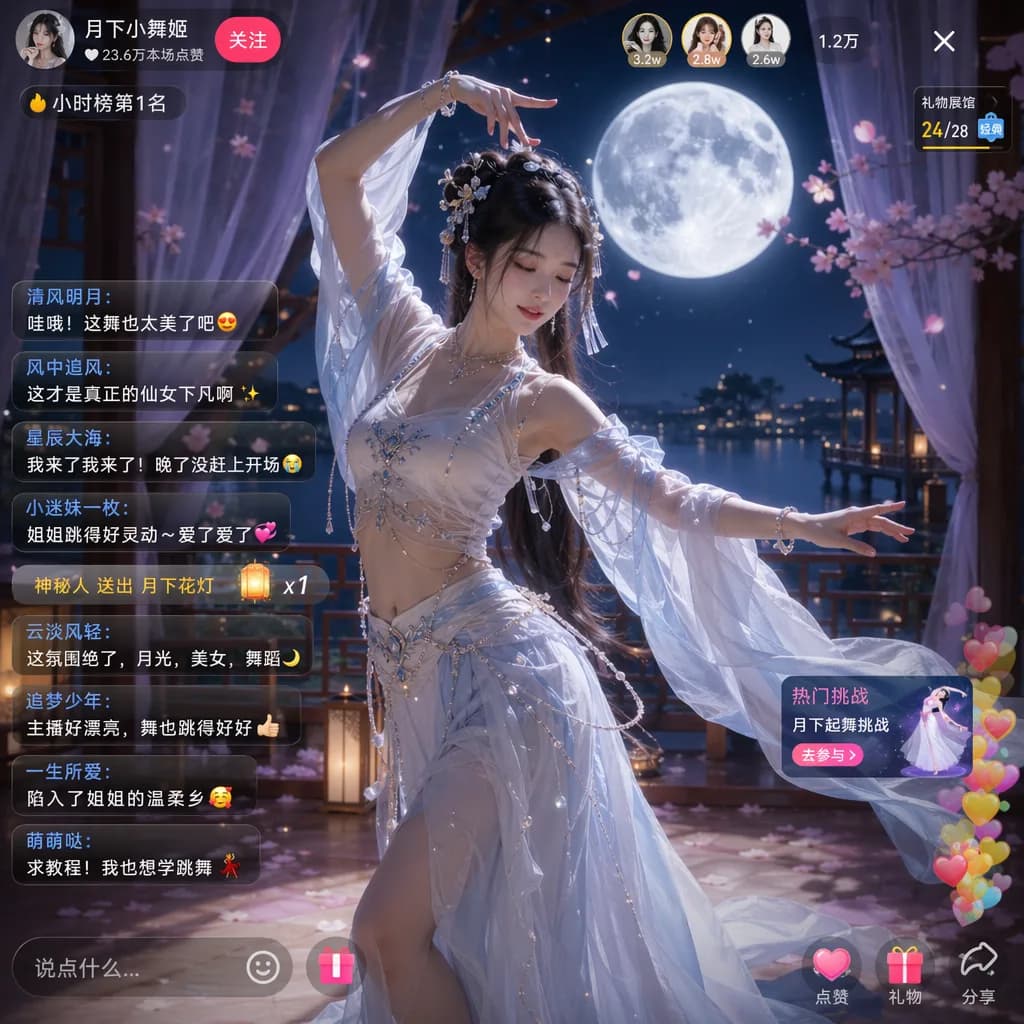 Moonlit Dance in a Live Streaming Room AI photo style example on PromptKosh