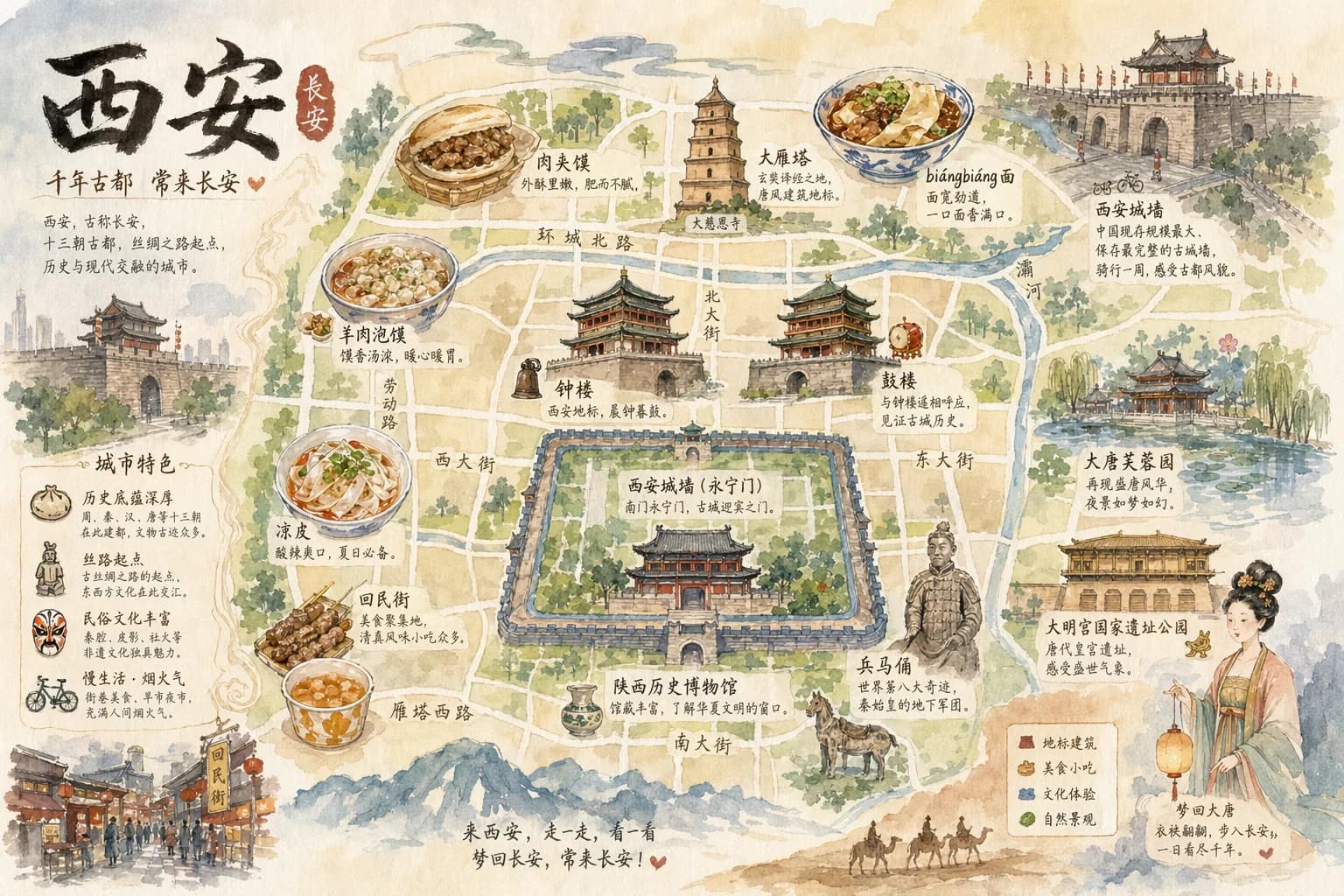 Hand-Drawn Watercolor Tourist Map of Xi'an AI photo style example on PromptKosh