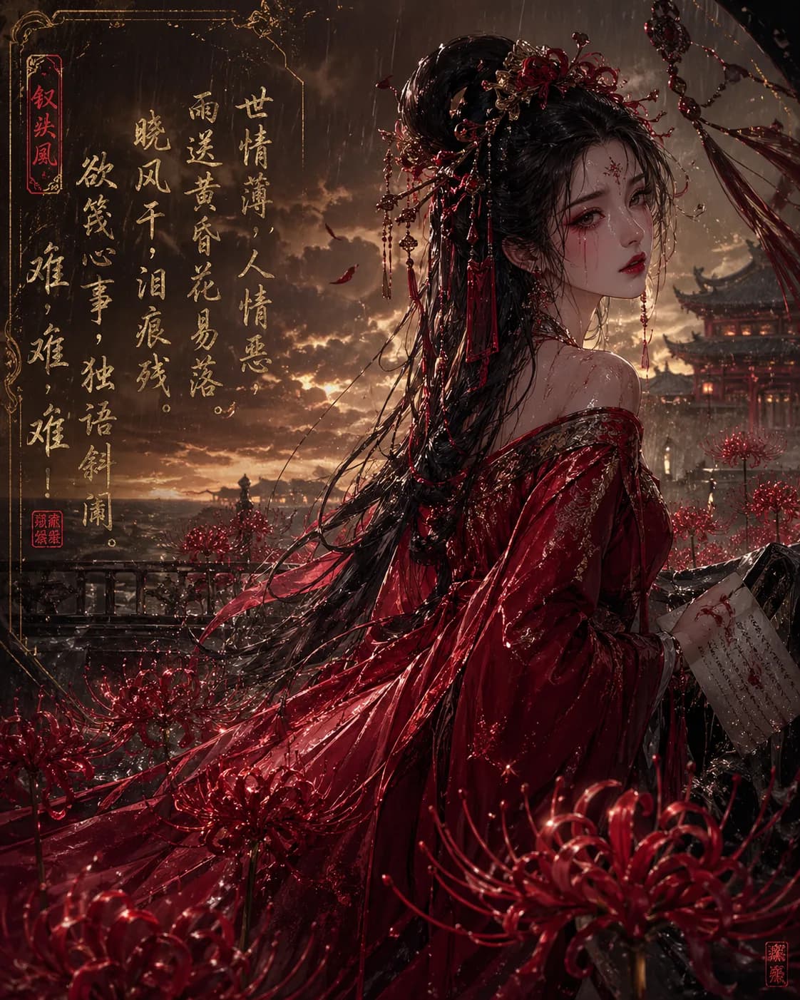 Beautiful Woman in Red Among Spider Lilies AI photo style example on PromptKosh