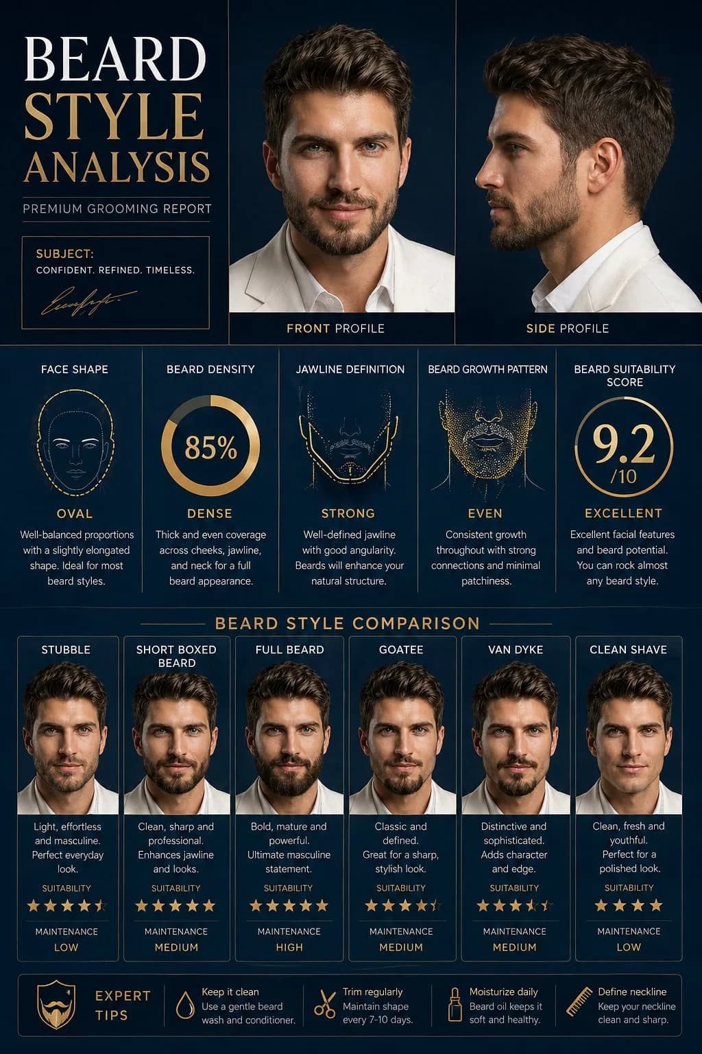 Beard Style Analysis Poster AI photo prompt example on PromptKosh