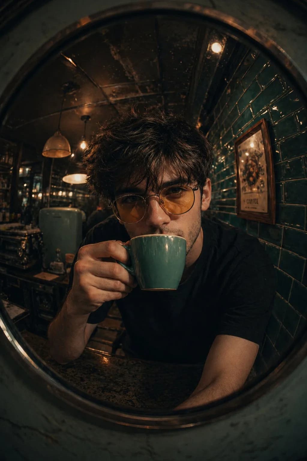 Fish-Eye Lens Retro Café Portrait AI photo style example on PromptKosh