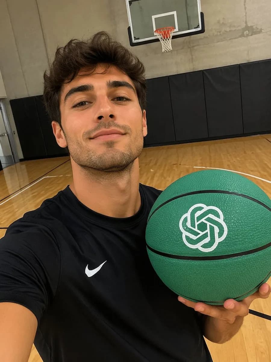 Indoor Basketball Court Athletic Mirror Selfie AI photo style example on PromptKosh