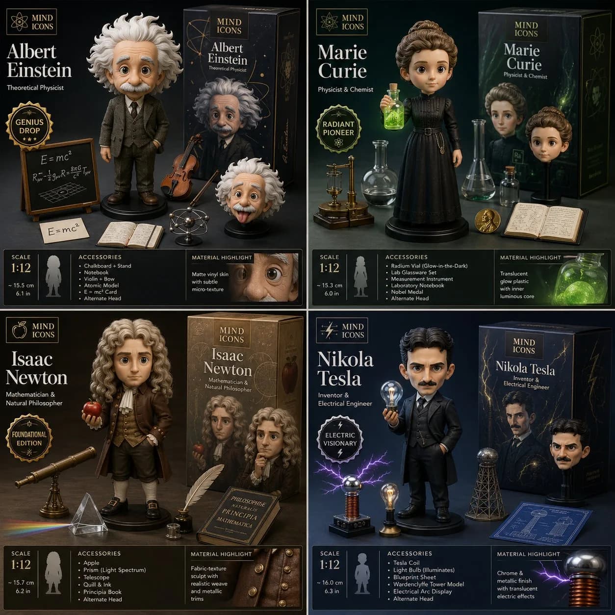 Collector-Grade Toy Launch Visual for Famous Scientists AI photo style example on PromptKosh