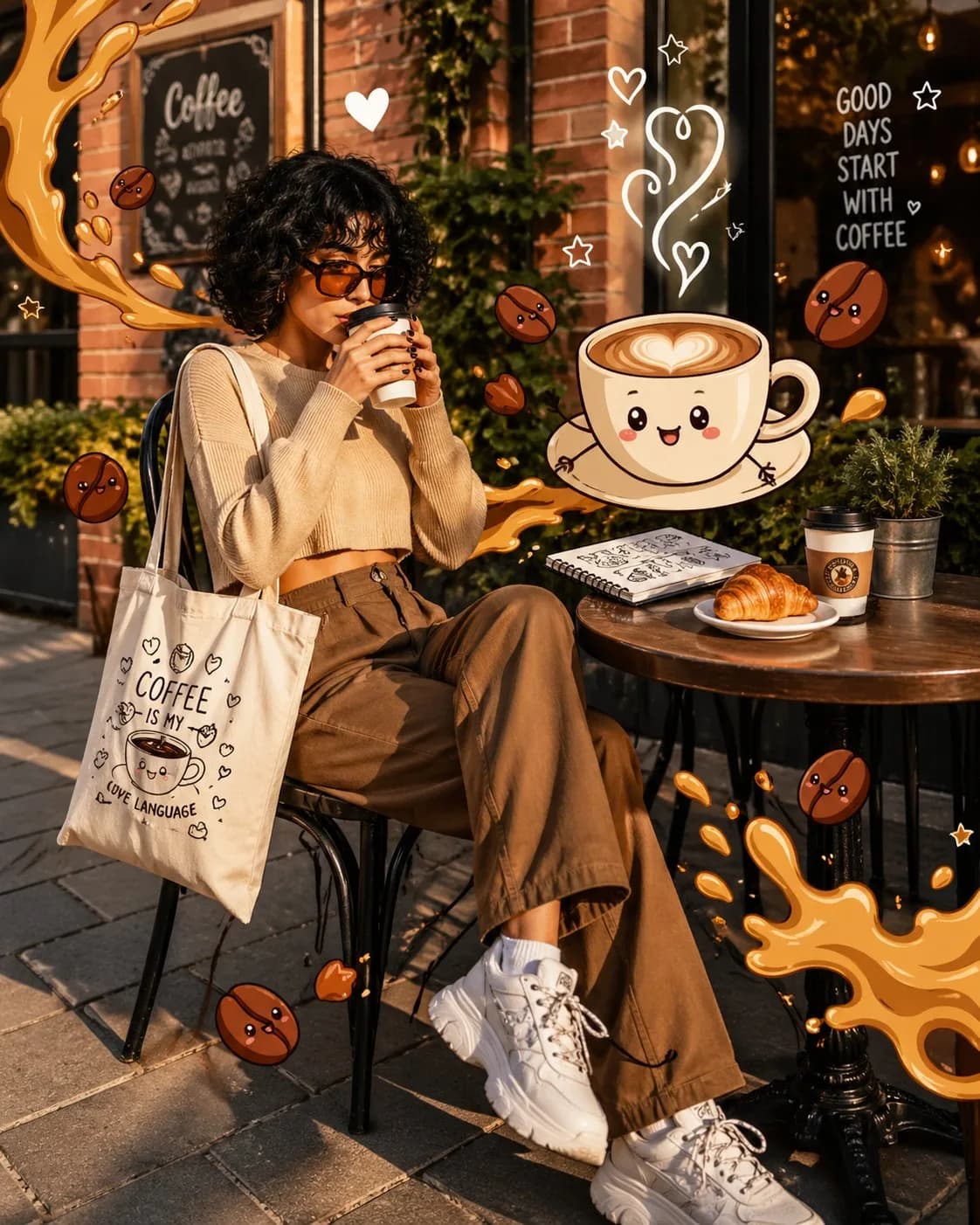 Trendy Café Scene with 2D Cartoon Overlays AI photo style example on PromptKosh