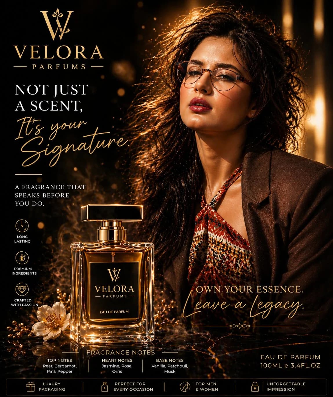 VELORA Luxury Perfume Advertisement Poster AI photo prompt example on PromptKosh