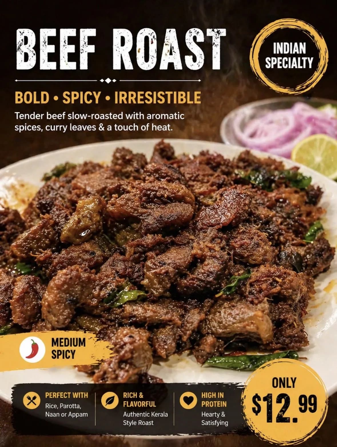 Revamped Indian Restaurant Menu Promotional Image AI photo style example on PromptKosh