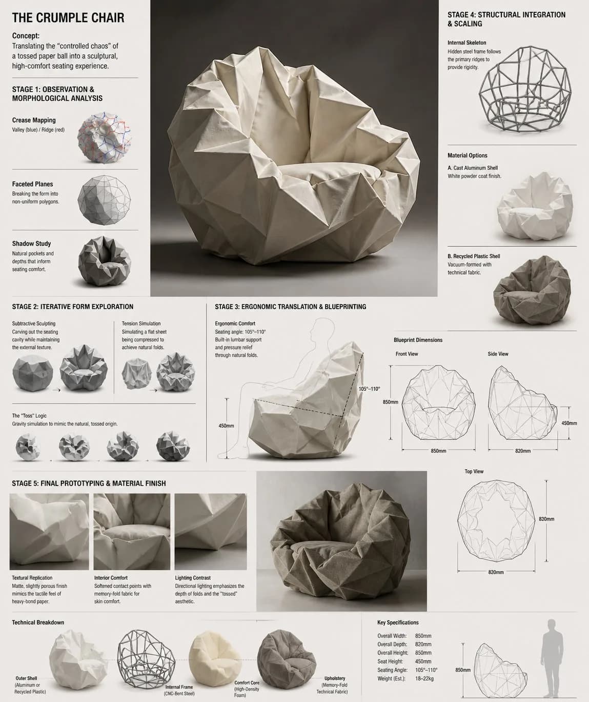 Crumple Chair Concept Sofa Development Board AI photo style example on PromptKosh