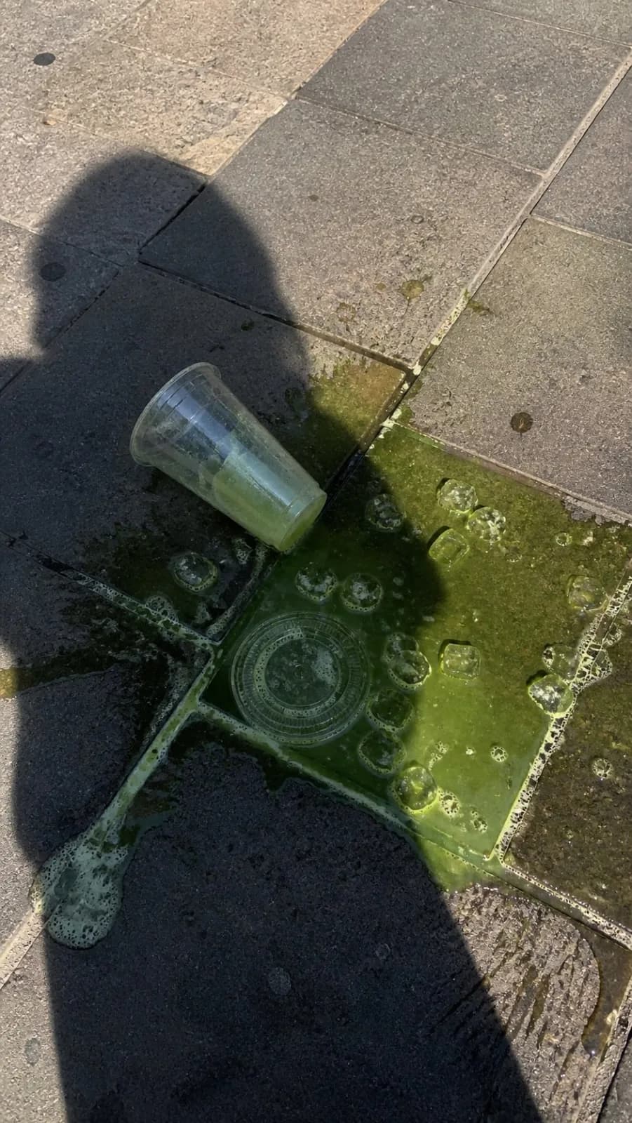 Spilled Green Iced Drink on Outdoor Pavement AI photo style example on PromptKosh