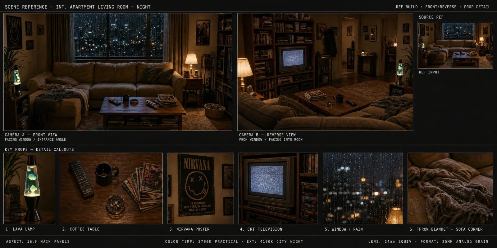 90s Apartment Scene Reference Board AI photo style example on PromptKosh