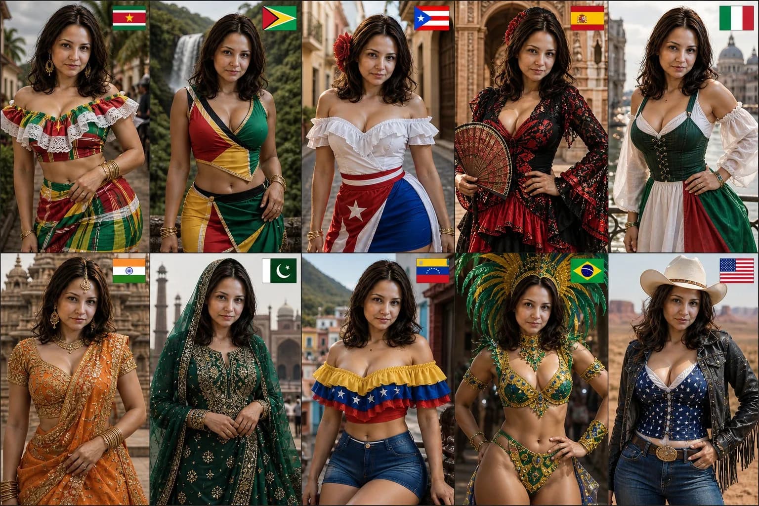 Cinematic Fashion Collage of 10 Nations AI photo style example on PromptKosh