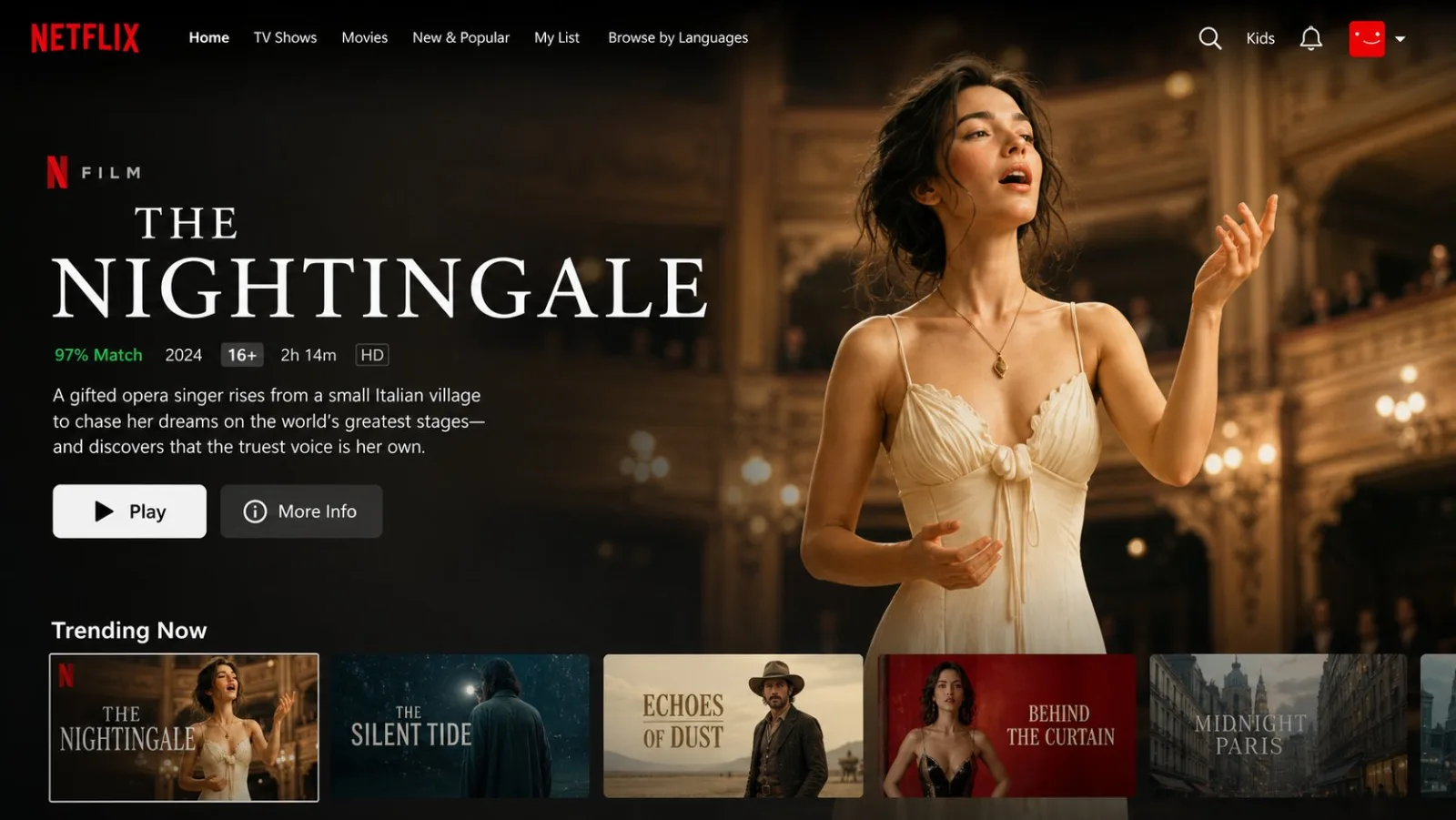 Netflix Homepage Main Visual UI Design AI photo prompt example on PromptKosh