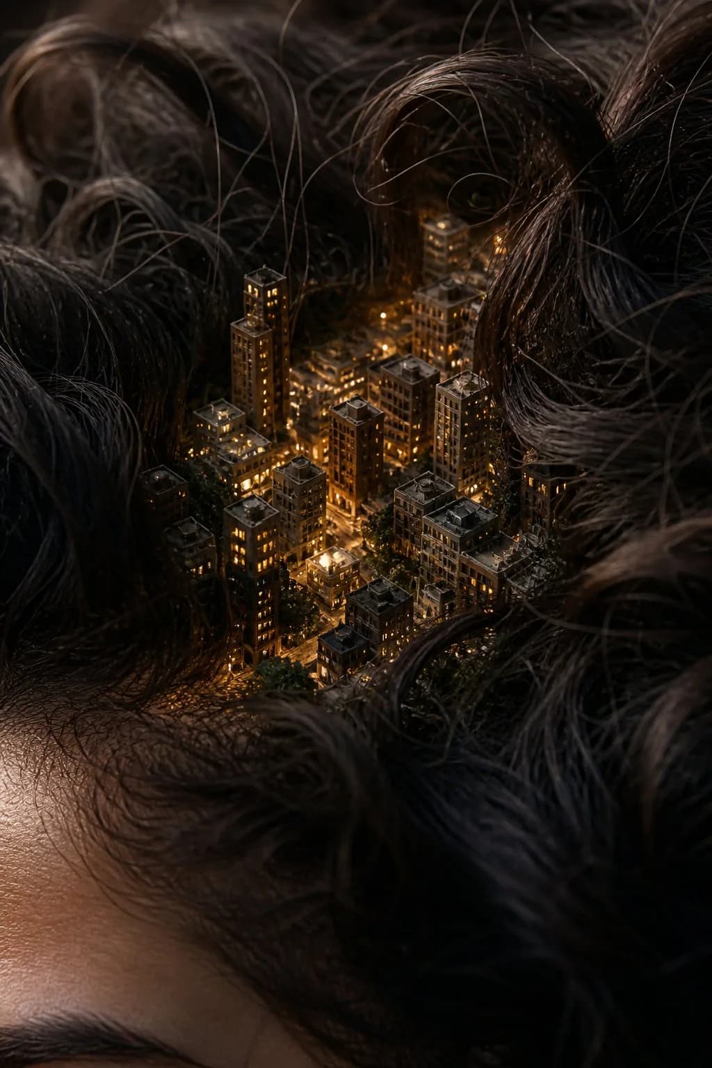 Miniature City Hidden in Human Hair AI photo style example on PromptKosh