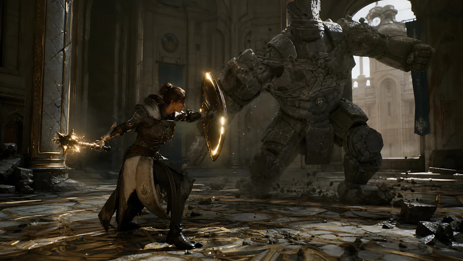 Knight-Mage Battle Against Stone Golem AI photo style example on PromptKosh