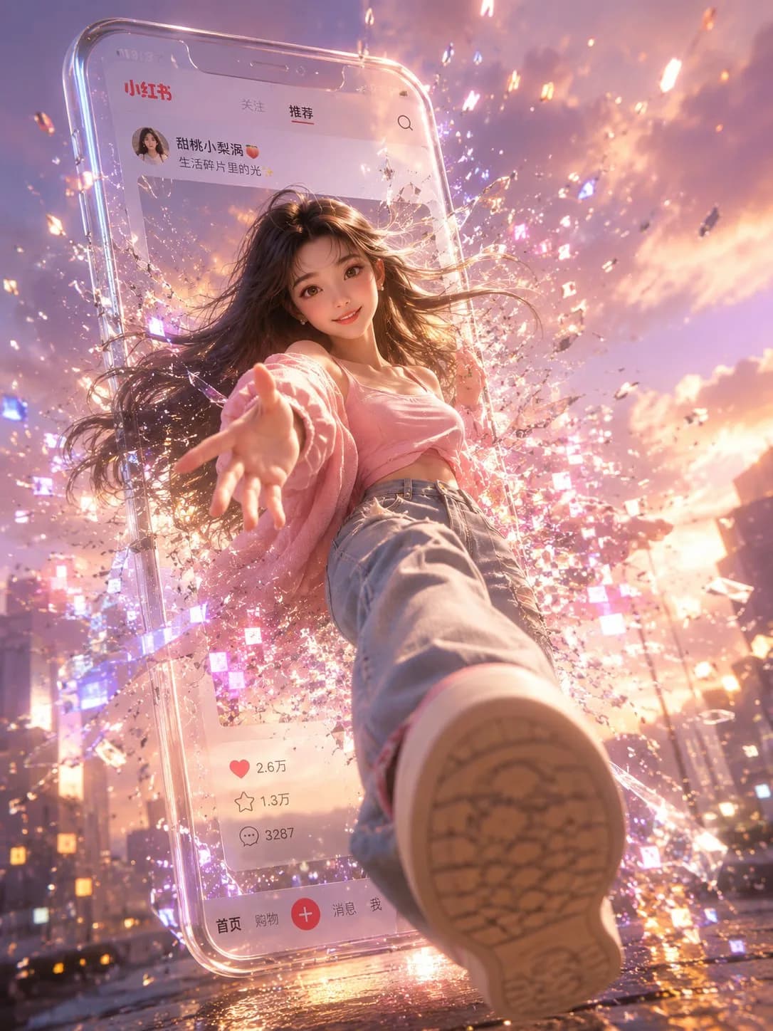 3D Girl Breaking Through Digital Screen AI photo style example on PromptKosh