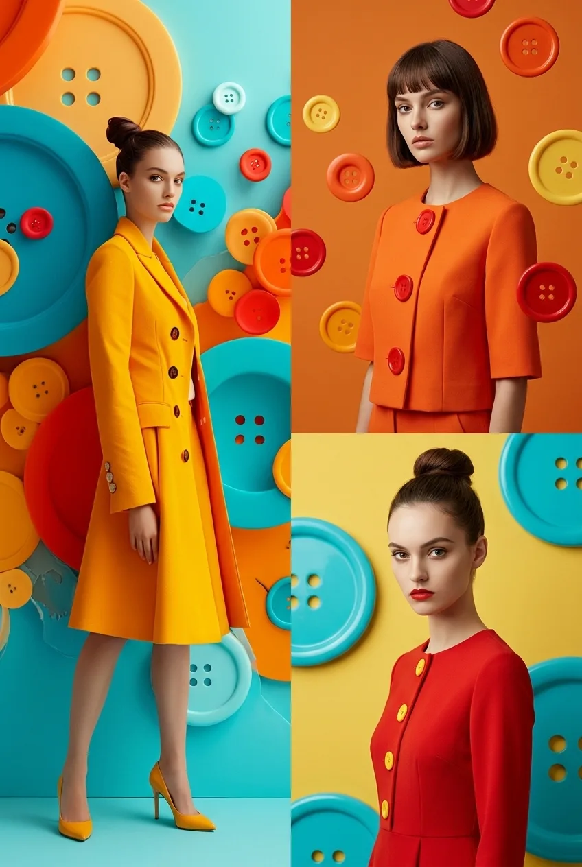 Vibrant Button-Inspired Fashion Campaign AI photo style example on PromptKosh