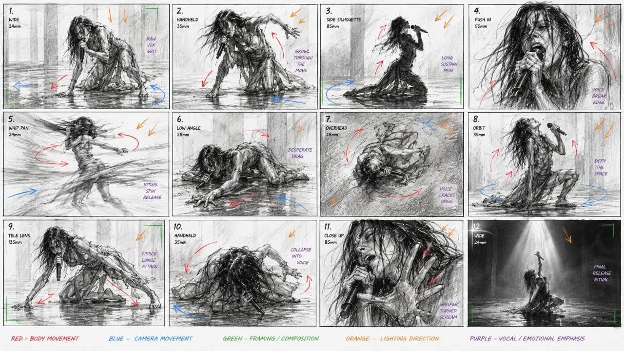 Contemporary Dance Performance Storyboard AI photo style example on PromptKosh