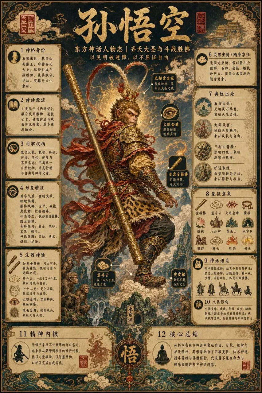 Eastern Mythology Character Encyclopedia Poster AI photo prompt example on PromptKosh