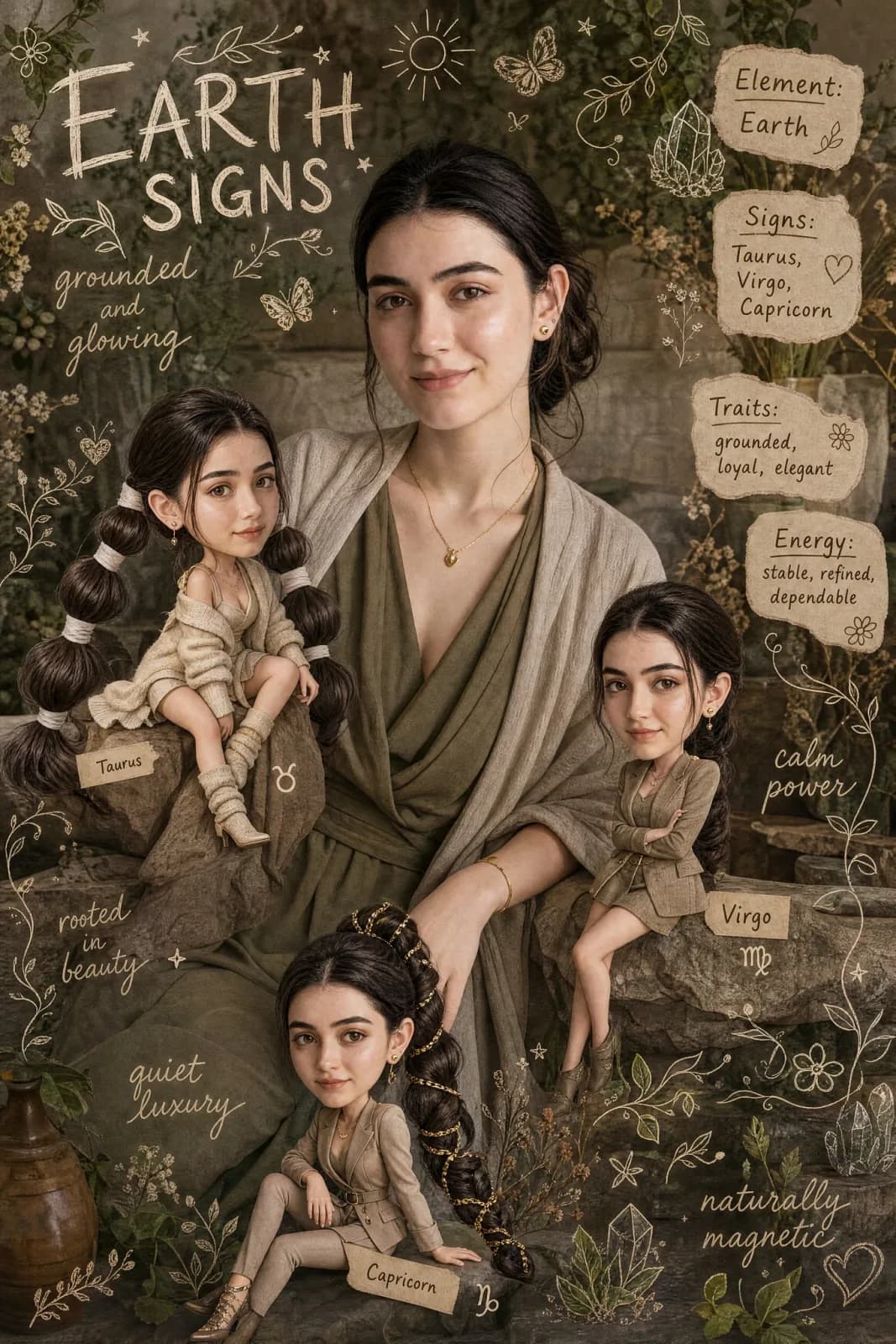Earth Signs Character Scrapbook AI photo prompt example on PromptKosh