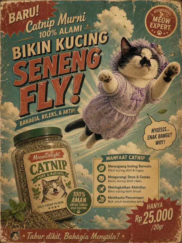 Vintage Indonesian Catnip Advertisement Poster AI photo prompt example on PromptKosh