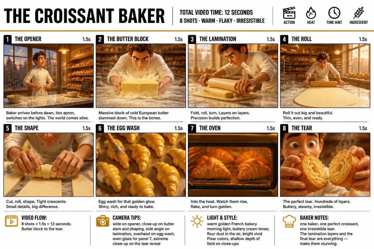 Croissant Baking Process Storyboard AI photo style example on PromptKosh