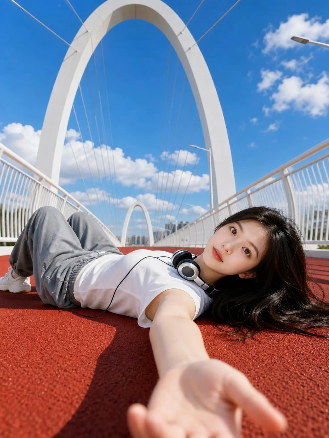 Summer Portrait on Red Running Track AI photo style example on PromptKosh