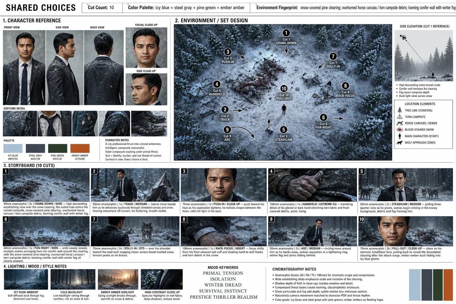 Winter Survival Thriller Cinematic Storyboard AI photo style example on PromptKosh