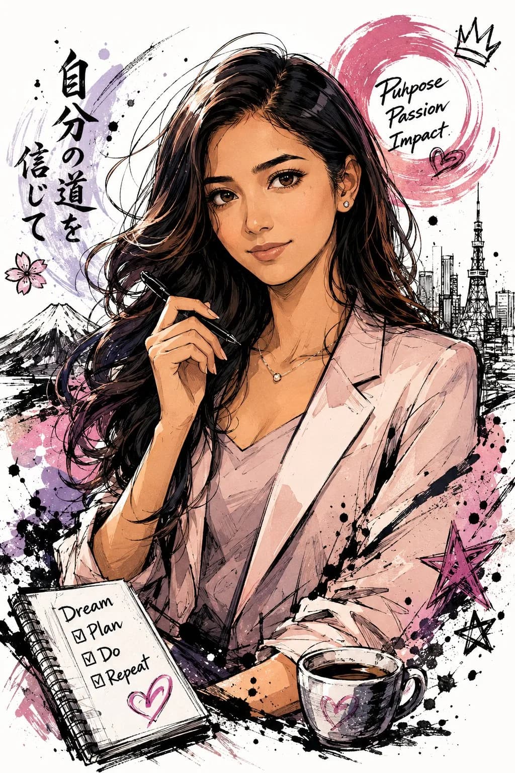 Japanese Hand-Drawn Graffiti Half-Body Illustration AI photo style example on PromptKosh