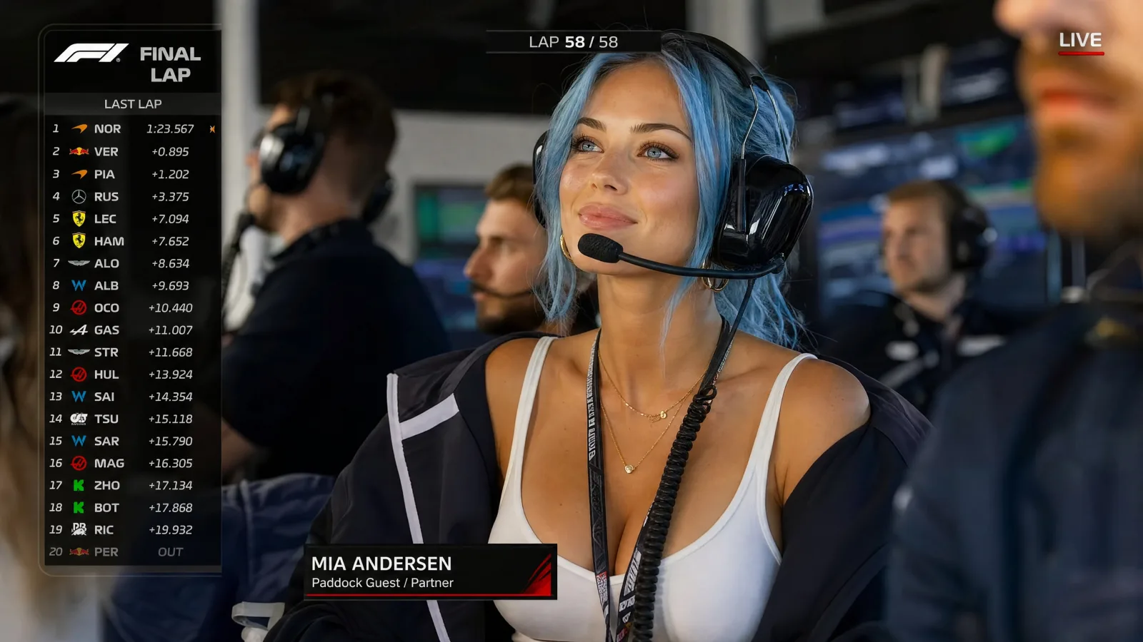 Formula 1 Paddock VIP Garage Live Broadcast Screenshot AI photo style example on PromptKosh