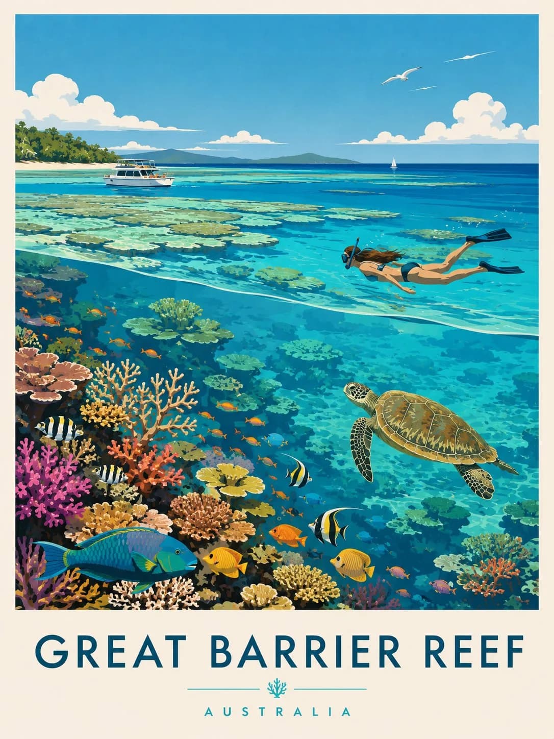 Vintage Travel Poster of the Great Barrier Reef AI photo prompt example on PromptKosh